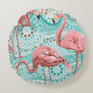 Pink flamingos seamless pattern round pillow