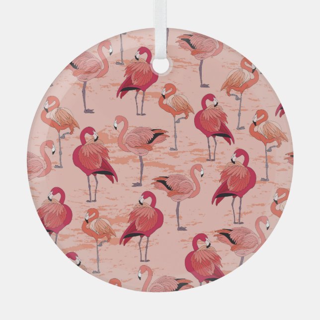 Pink Flamingos: Seamless Tropical Pattern Glass Ornament (Front)
