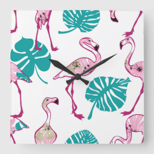 Pink Flamingos Square Wall Clock