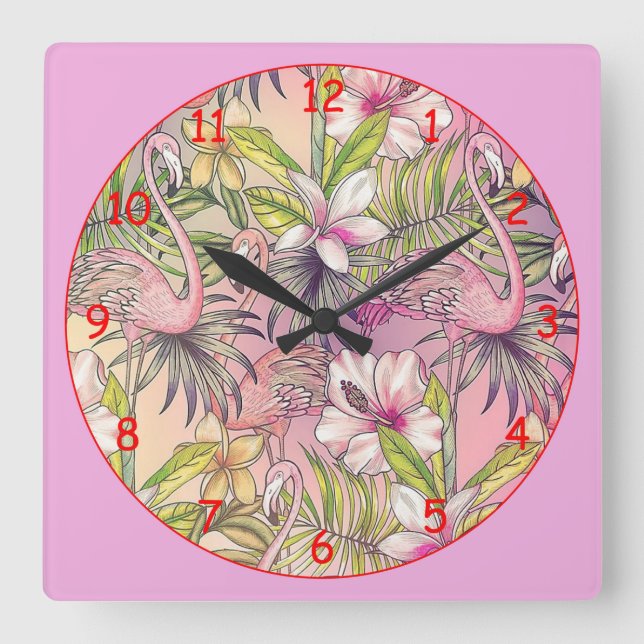 Pink Flamingos Square Wall Clock (Front)