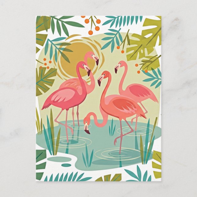 PINK FLAMINGOS STAND TOGETHER POSTCARD (Front)