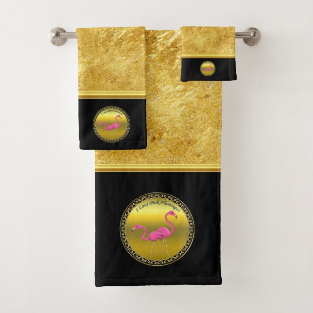 Pink Flamingos standing together gold foil texture Bath Towel Set (Insitu)