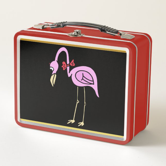 Pink Flamingos standing with a red bow tie Metal Lunch Box (Front)