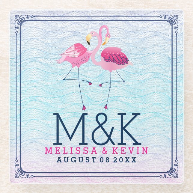 Pink Flamingos & Stylized Beach Water-Waves Glass Coaster (Front)