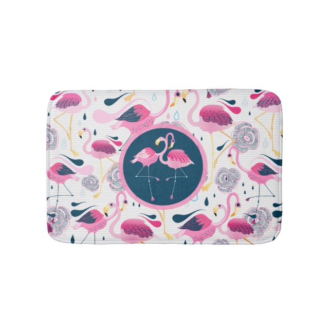 Pink Flamingos Stylized Illustration Pattern Bath Mat (Front)