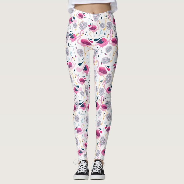Pink Flamingos Stylized Tropical Flowers Pattern Leggings (Front)