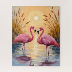 Pink Flamingos Sunset Animal Painting Jigsaw Puzzle