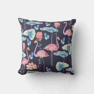 Pink flamingos surrounded by lotus flowers and pro throw pillow