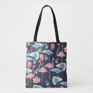 Pink flamingos surrounded by lotus flowers and pro tote bag