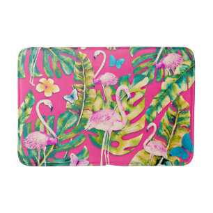 Pink Flamingos Tropical Botanical Butterfly Garden Bath Mat