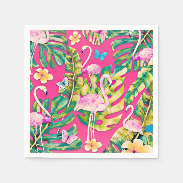 Pink Flamingos Tropical Botanical Butterfly Garden Napkin (Front)