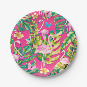 Pink Flamingos Tropical Botanical Butterfly Garden Paper Plate