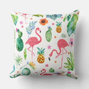 Pink Flamingos & Tropical Cactus Pattern Throw Pillow