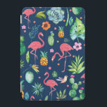 Pink Flamingos & Tropical Colourful Pattern iPad Mini Cover<br><div class="desc">Cute colourful tropical flowers,  animals,  flamingos,  pineapple,  cactus seamless pattern with navy blue changeable background colour.</div>