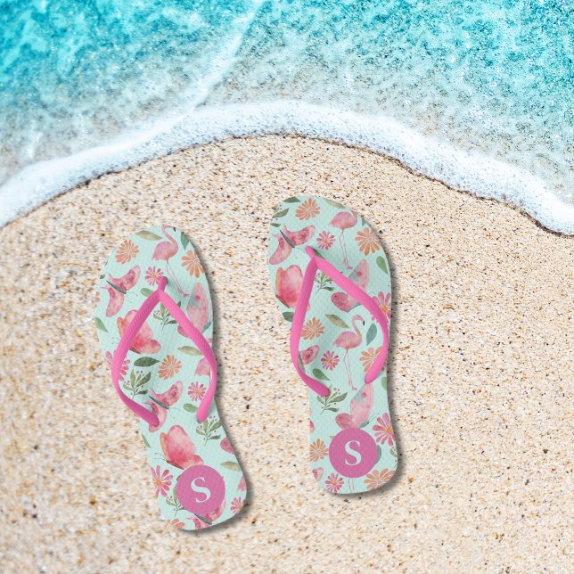 Pink Flamingos Tropical Floral Pattern Monogrammed Flip Flops (Creator Uploaded)