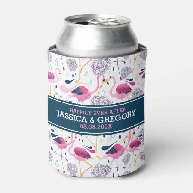Pink Flamingos & Tropical Flowers Pattern Can Cooler (Can Front)
