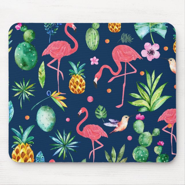 Pink Flamingos & Tropical Leafs & Flowers Pattern Mouse Pad (Front)