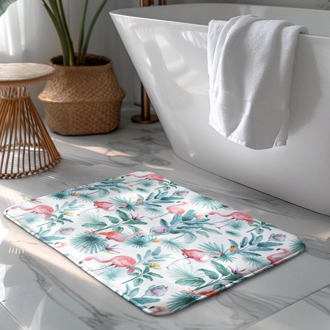 Pink flamingos tropical leaves pattern bath mat (Creator Uploaded)