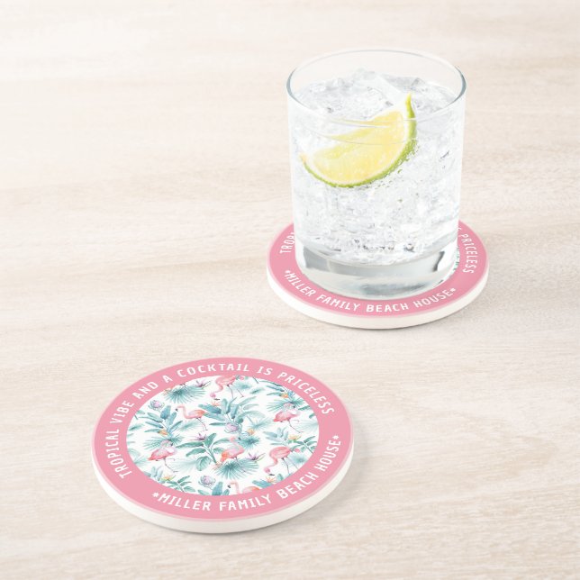 Pink flamingos tropical leaves pattern coaster (Side)