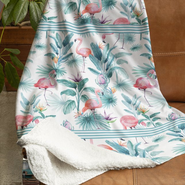 Pink flamingos tropical leaves pattern fleece blanket (Creator Uploaded)