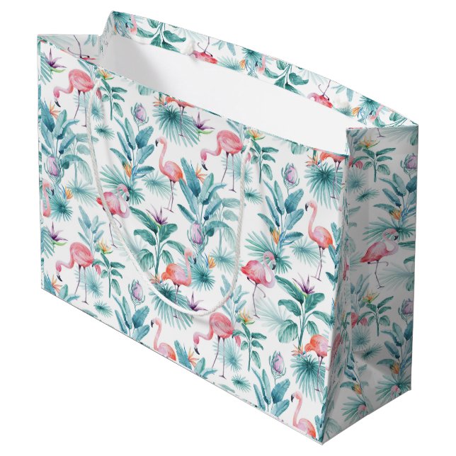 Pink flamingos tropical leaves pattern large gift bag (Back Angled)