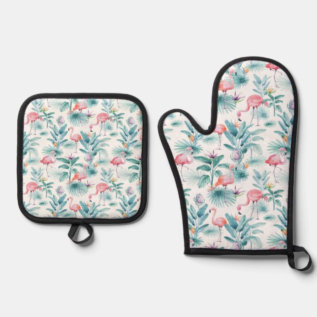 Pink flamingos tropical leaves pattern oven mitt & pot holder set (Front)