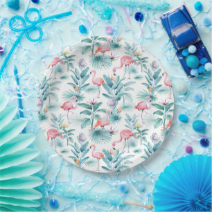 Pink flamingos tropical leaves pattern paper plate
