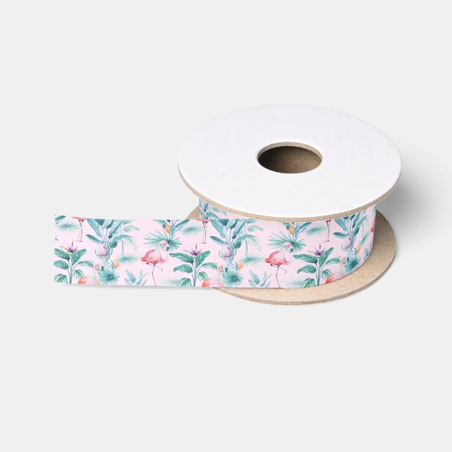 Pink flamingos tropical leaves pattern satin ribbon (Spool)