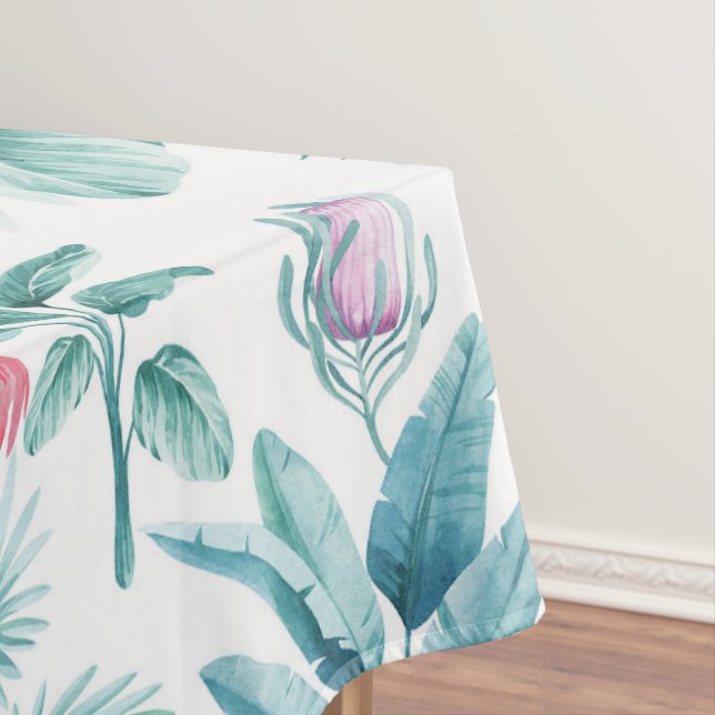 Pink flamingos tropical leaves pattern tablecloth (In Situ)