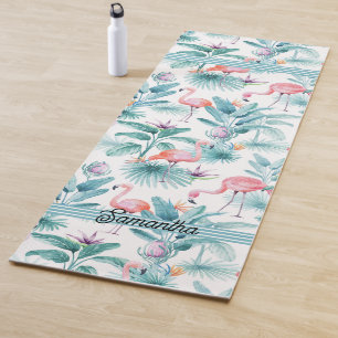 Pink flamingos tropical leaves pattern yoga mat