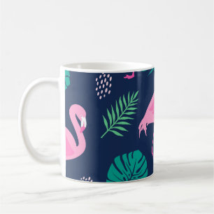 Pink flamingos, tropical palms, hand-drawn seamles coffee mug