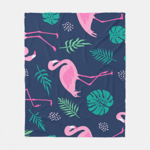 Pink flamingos, tropical palms, hand-drawn seamles fleece blanket