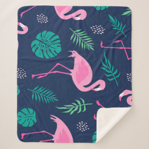 Pink flamingos, tropical palms, hand-drawn seamles sherpa blanket