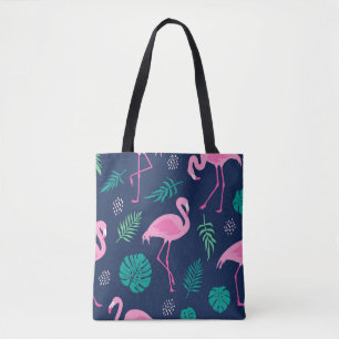 Pink flamingos, tropical palms, hand-drawn seamles tote bag