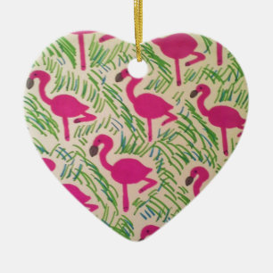 Pink Flamingos Tropical Pattern Ceramic Ornament