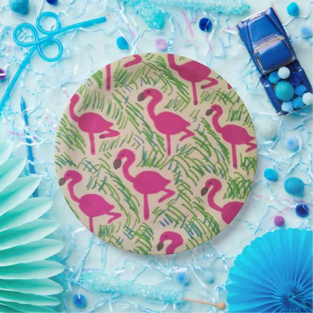 Pink Flamingos Tropical Pattern Paper Plates (Party)