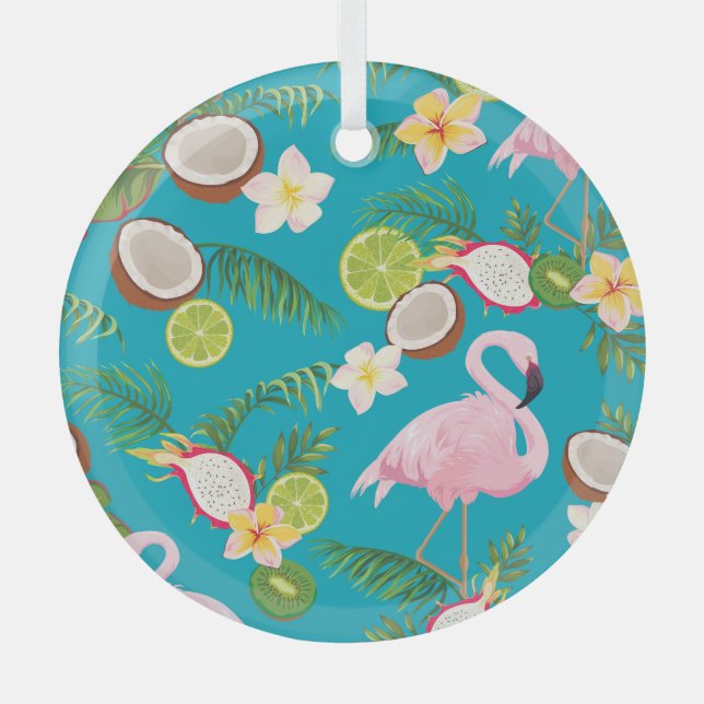 Pink Flamingos: Tropical Seamless Pattern Glass Ornament (Front)