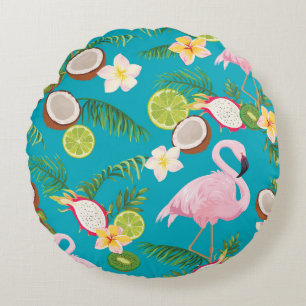 Pink Flamingos: Tropical Seamless Pattern Round Pillow