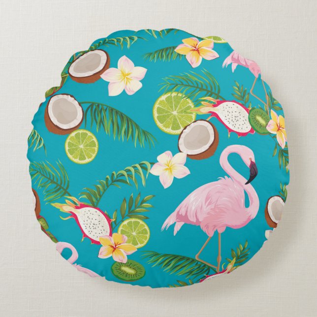 Pink Flamingos: Tropical Seamless Pattern Round Pillow (Front)