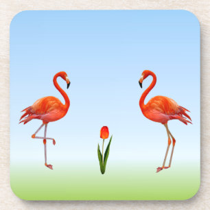 Pink Flamingos & Tulip Flower on Light Blue Coaster