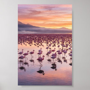 Pink Flamingos Wading Lake Tropical Matte Poster