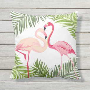 Pink Flamingos with Palm Leaves Throw Pillow