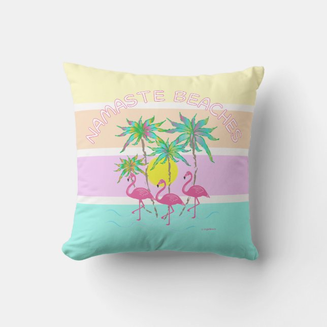 Pink Flamingos with Palms, Namaste Beaches, Fun Ca Throw Pillow (Front)