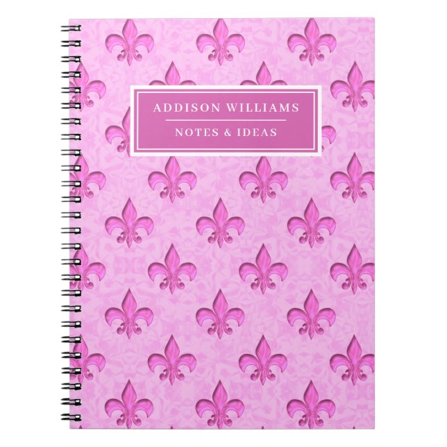 Pink Fleur De Lis Pattern Custom Name Notebook (Front)