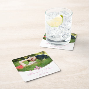 Pink Fleur de Lis Photo Wedding Paper Coasters