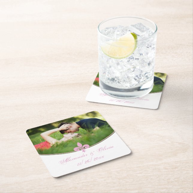 Pink Fleur de Lis Photo Wedding Paper Coasters (Insitu)