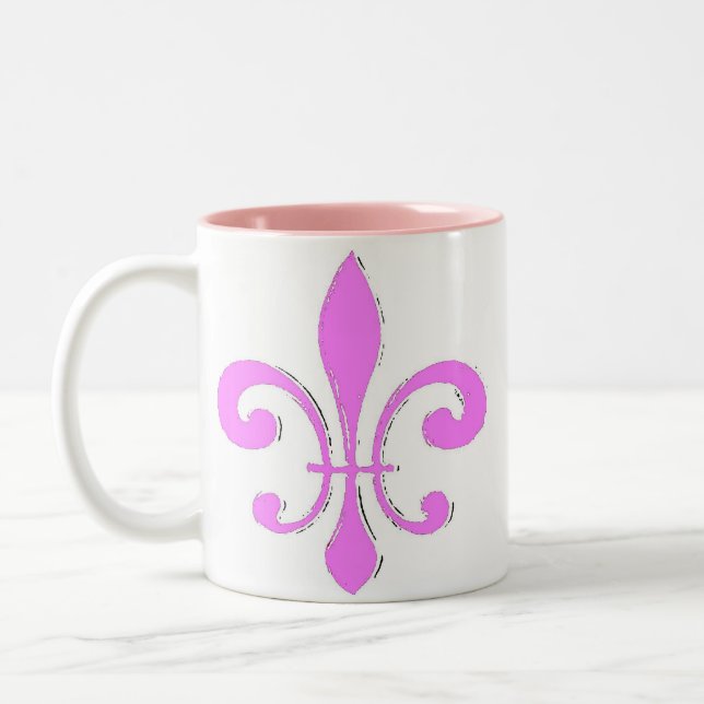 Pink Fleur De Lis Two-Tone Coffee Mug (Left)