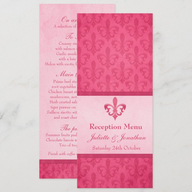 Pink Fleur De Lis wedding reception dinner menu Invitation (Front/Back)