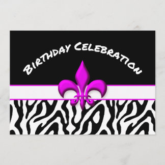 Pink Fleur de Lis Zebra Pattern Birthday Invitation