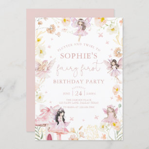Pink Flora Fairy First Birthday Invitation